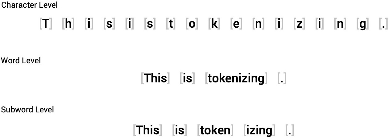 Visual showing character, word and subword strategies for tokenizing